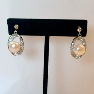 Sterling Silver Pearl & Cubic Zirconia Drop Earrings